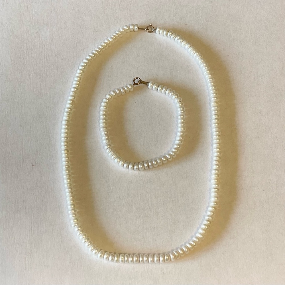 Vintage Rondelle Pearl 10k Yellow Gold Clasp Necklace & Bracelet Set Demi Parure